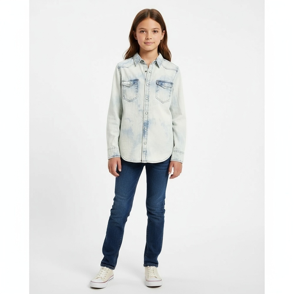 Mossimo Size 8-10 Light Blue Acid Wash Denim Shirt Long Sleeve Button Up Western